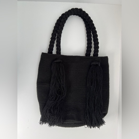 - All Black Hand-Knit Top Handle Bag - Large Wayuu Boho Shoulder Bag - Tre… - Picture 3 of 9